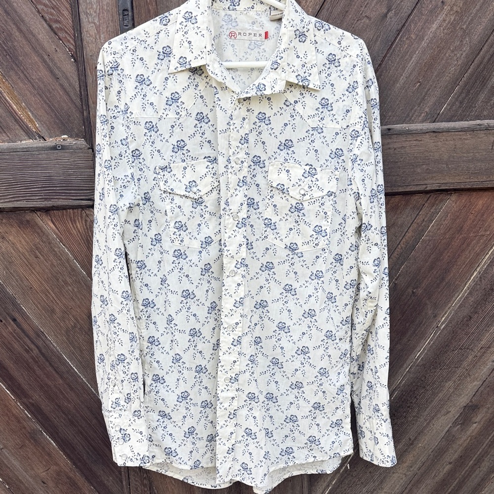 Roper Men's Cream and Blue Floral Button Down Shirt L